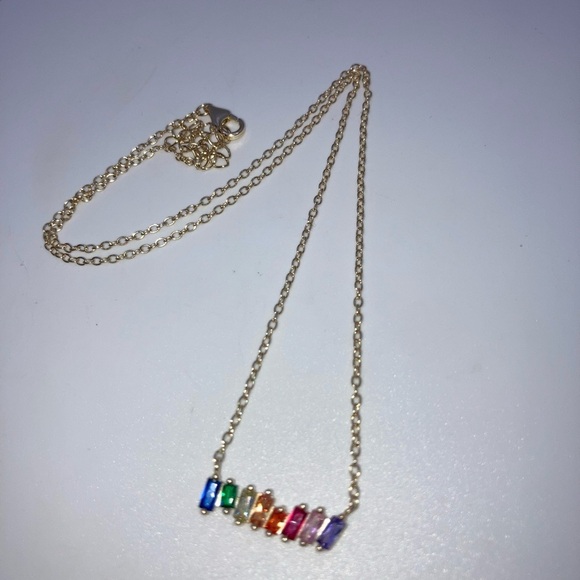 Sterling Silver Gold Plated Rainbow Cz Stone Bar Pendant Necklace Approx 16” - Picture 3 of 8